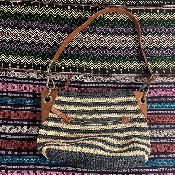 The Sak Indio Hand-crocheted striped woven bag cream navy leather shoulder bag - Picture 9 of 12